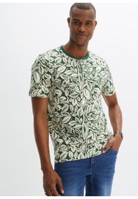 bonprix - Shirt z dekoltem henley, krótki rękaw. Typ kołnierza: typu henley. Kolor: zielony. Długość rękawa: krótki rękaw. Długość: krótkie. Wzór: nadruk #1