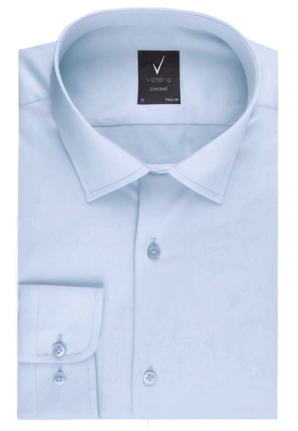 Wizytowa Koszula Bawełniana, Męska (Regular) - Victorio - Błękitna. Okazja: na co dzień. Kolor: niebieski. Materiał: bawełna, elastan. Długość rękawa: długi rękaw. Długość: długie. Styl: wizytowy