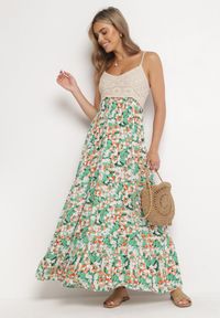 Born2be - Zielona Maxi Sukienka z Wiskozy na Cienkich Ramiączkach w Kwiaty Kernet. Kolor: zielony. Materiał: wiskoza. Długość rękawa: na ramiączkach. Wzór: kwiaty. Długość: maxi #3