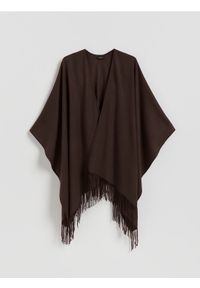 Reserved - Poncho z frędzlami - brązowy. Kolor: brązowy. Materiał: wiskoza, tkanina
