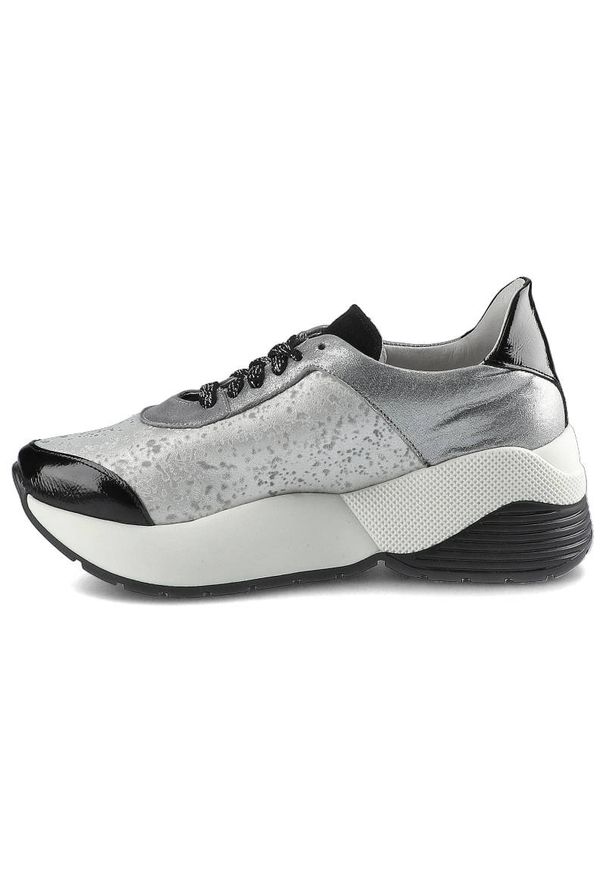 Massimo POLI - Srebrne Sneakersy Massimo Poli Damskie Modne Buty. Kolor: czarny. Materiał: zamsz, materiał, lakier, skóra. Szerokość cholewki: normalna. Obcas: na platformie. Styl: elegancki