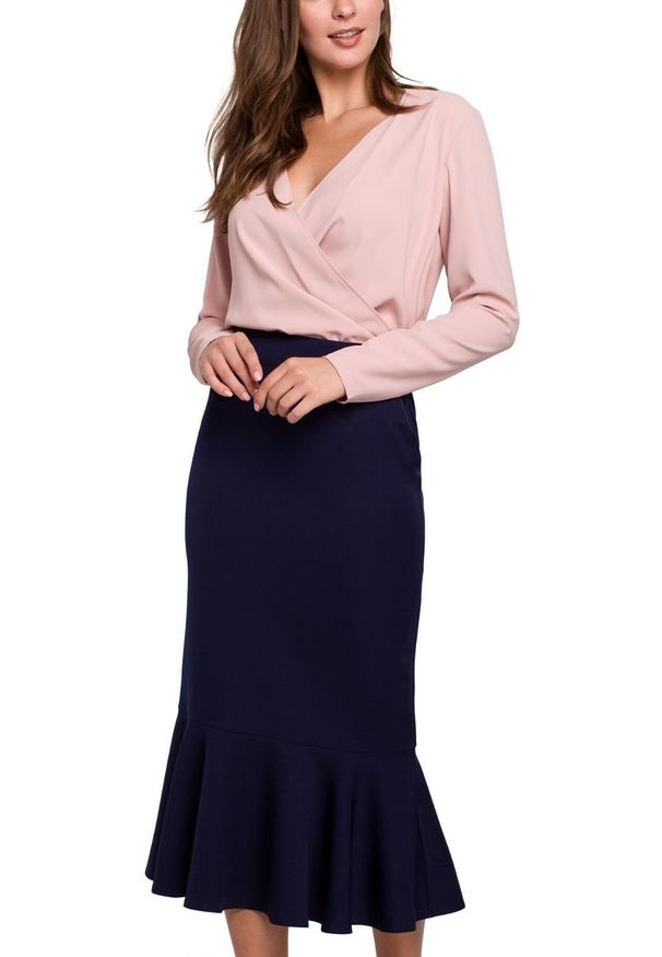 Makover - Elegancka ołówkowa spódnica midi zakończona falbaną. Materiał: elastan. Styl: elegancki