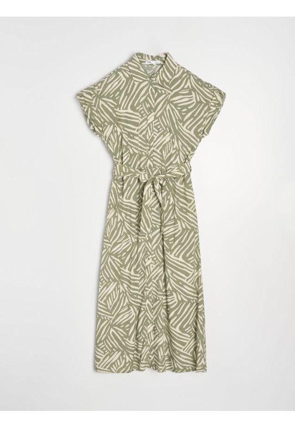 Sinsay - Wiskozowa sukienka midi z kołnierzykiem - zielony. Kolor: zielony. Materiał: wiskoza. Długość: midi