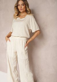Renee - Beżowy Komplet z Wyszywanymi Kwiatami Luźny T-shirt i Proste Spodnie Namselin. Kolor: beżowy. Materiał: materiał. Wzór: kwiaty #3