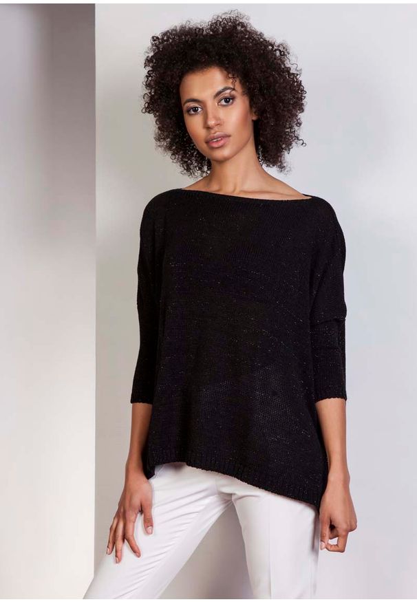 Lanti - Czarny Oversizowy Sweter z Metaliczną Nitką. Kolor: czarny. Materiał: wiskoza, akryl