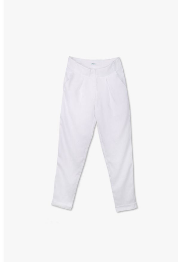 VEVA - Lniane spodnie damskie Linen horizon białe. Okazja: do pracy. Kolor: biały. Materiał: len. Sezon: lato. Styl: wakacyjny, elegancki