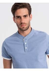 Ombre Clothing - Koszulka męska polo bez kołnierzyka - niebieska V3. Typ kołnierza: polo, bez kołnierzyka. Kolor: niebieski. Materiał: bawełna. Długość: długie #7
