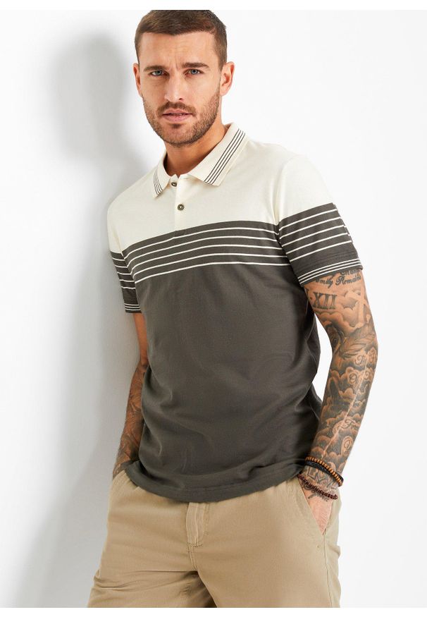 bonprix - Shirt polo z dżerseju z czystej bawełny. Typ kołnierza: polo. Kolor: biały. Materiał: jersey, bawełna. Wzór: paski