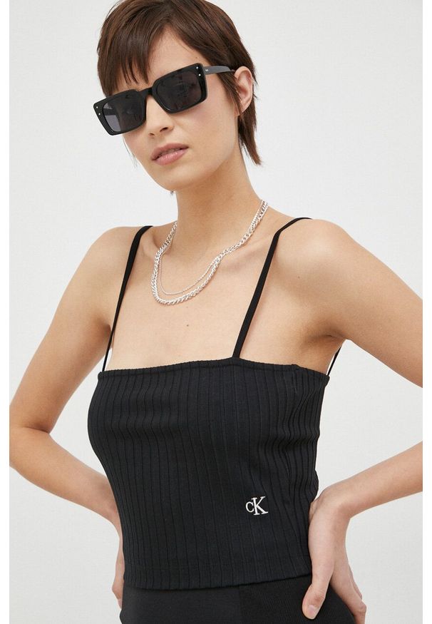 Calvin Klein Jeans top damski kolor czarny. Kolor: czarny. Materiał: materiał, dzianina, prążkowany, wiskoza. Długość rękawa: na ramiączkach
