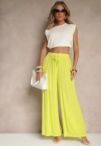 Renee - Żółte Szerokie Spodnie High Waist z Gumką w Talii Ilnena. Stan: podwyższony. Kolor: żółty. Materiał: tkanina. Sezon: lato #4