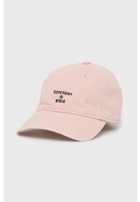 Superdry czapka bawełniana kolor różowy z aplikacją. Kolor: różowy. Materiał: bawełna. Wzór: aplikacja #1