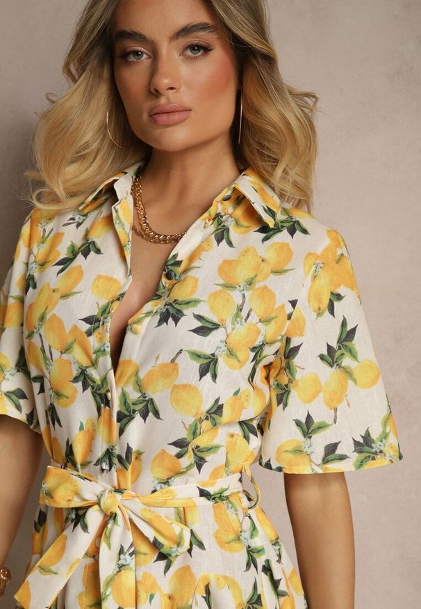 Renee - Beżowa Rozkloszowana Sukienka Koszulowa z Wiązanym Paskiem i Krótkim Rękawem Lavialane. Okazja: na co dzień. Kolor: beżowy. Długość rękawa: krótki rękaw. Typ sukienki: koszulowe. Styl: casual, elegancki