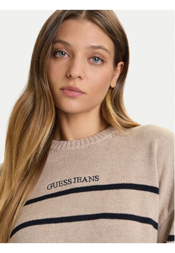 Guess Jeans Sweter W5BR03 Z3HM1 Beżowy Relaxed Fit. Kolor: beżowy. Materiał: bawełna