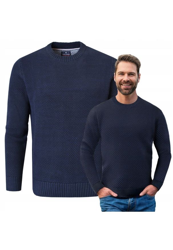 Bawełniany Sweter Męski z Drobnym Splotem - Pako Jeans - Granatowy. Kolor: niebieski. Materiał: bawełna. Wzór: ze splotem. Sezon: wiosna, zima, jesień. Styl: elegancki, klasyczny