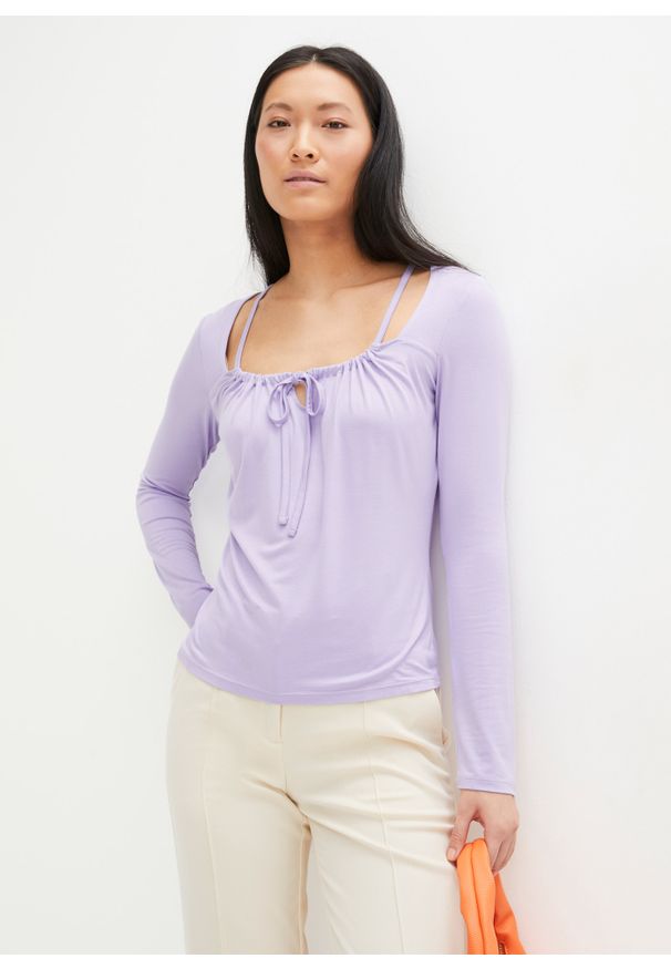 bonprix - Shirt w prążek, z wiązanym troczkiem. Kolor: fioletowy. Wzór: prążki
