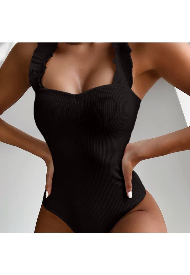 Intica - Strój kąpielowy z ozdobnymi ramiączkami na plażę i basen Berny. Kolor: czarny. Materiał: materiał. Wzór: aplikacja