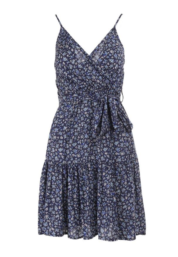 Born2be - Granatowa Sukienka z Wiskozy Eudaia. Typ kołnierza: dekolt kopertowy. Kolor: niebieski. Wzór: aplikacja, kwiaty. Typ sukienki: kopertowe, rozkloszowane. Materiał: wiskoza. Długość rękawa: na ramiączkach. Sezon: lato. Styl: wakacyjny. Długość: mini