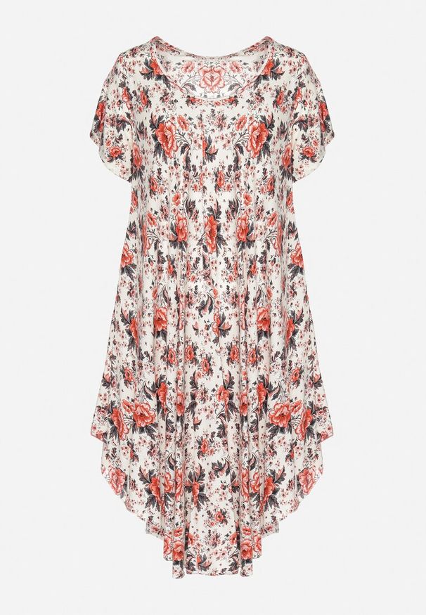 Born2be - Czerwona Sukienka Bawełniana z Asymetrycznym Dołem w Kwiatki Nativienne. Kolor: czerwony. Materiał: bawełna. Długość rękawa: krótki rękaw. Wzór: kwiaty. Sezon: lato. Typ sukienki: asymetryczne. Styl: elegancki