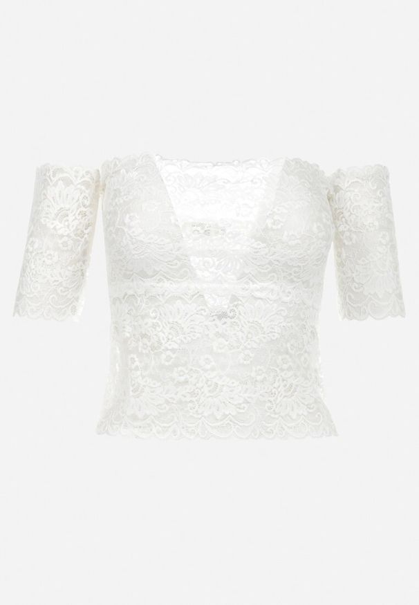 Born2be - Biała Bluzka Hiszpanka z Koronką Patti. Typ kołnierza: dekolt hiszpanka. Kolor: biały. Materiał: koronka. Długość: krótkie. Wzór: koronka. Styl: elegancki