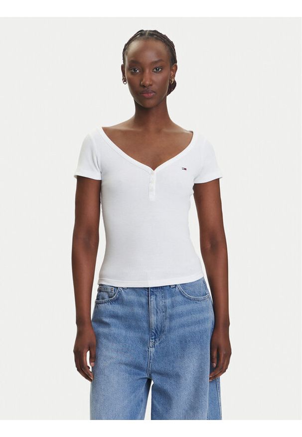 Tommy Jeans T-Shirt Henley DW0DW20902 Biały Slim Fit. Typ kołnierza: typu henley. Kolor: biały. Materiał: syntetyk, bawełna
