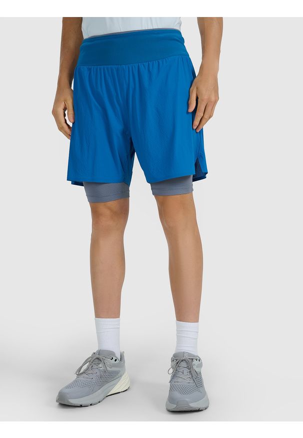 4f - 4F Spodenki 2w1 do biegania w terenie szybkoschnące męskie - granatowe XL. Kolor: niebieski. Materiał: tkanina, elastan, włókno, syntetyk, materiał. Długość: krótkie. Wzór: gładki. Sport: fitness, bieganie
