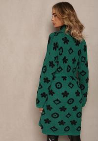 Renee - Zielony Kardigan z Wiązanym Paskiem Ozdobiony Wzorem w Kwiaty Timonen. Kolor: zielony. Materiał: tkanina, dzianina, materiał. Wzór: aplikacja, kwiaty