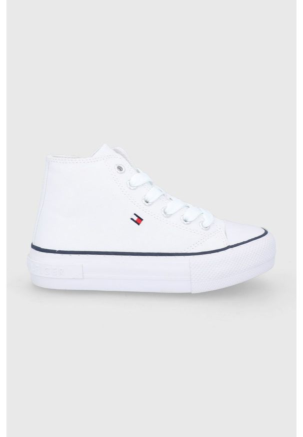 TOMMY HILFIGER - Tommy Hilfiger Trampki dziecięce kolor biały. Nosek buta: okrągły. Kolor: biały. Materiał: materiał, włókno, guma. Szerokość cholewki: normalna