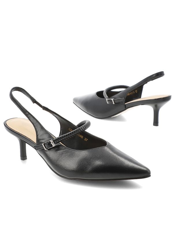 Czółenka damskie S.Barski, cholewka ze skóry naturalnej licowej pasek wokół pięty z regulacją na klamrę zabudowany szpiczasty przód, czarne, CR61-304. Nosek buta: szpiczasty. Zapięcie: klamry. Kolor: czarny. Materiał: skóra. Szerokość cholewki: normalna