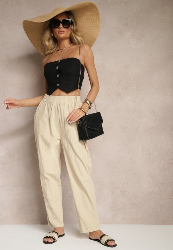 Renee - Beżowe Spodnie z Bawełny High Waist Sonirea. Okazja: na co dzień. Stan: podwyższony. Kolor: beżowy. Materiał: bawełna. Styl: casual