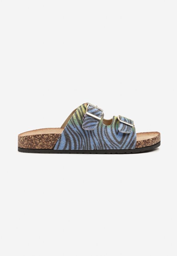 Renee - Niebiesko-Różowe Klapki na Podeszwie z Imitacji Korka Zdobione Sprzączkami Virlevia. Kolor: niebieski. Materiał: jeans. Wzór: aplikacja. Sezon: lato. Styl: boho