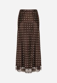 Born2be - Brązowa Wiskozowa Spódnica z Wysokim Stanem w Kropki z Koronką Monivesa. Okazja: na co dzień. Stan: podwyższony. Kolor: brązowy. Materiał: wiskoza, koronka. Wzór: kropki, koronka. Styl: casual, elegancki #4