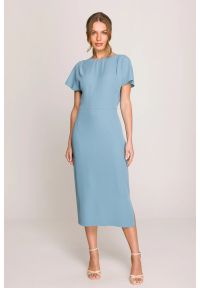 Stylove - Elegancka sukienka ołówkowa z dekoltem V z tyłu niebieska. Okazja: na ślub cywilny, na wesele, na imprezę. Kolor: niebieski. Typ sukienki: ołówkowe. Styl: elegancki #1