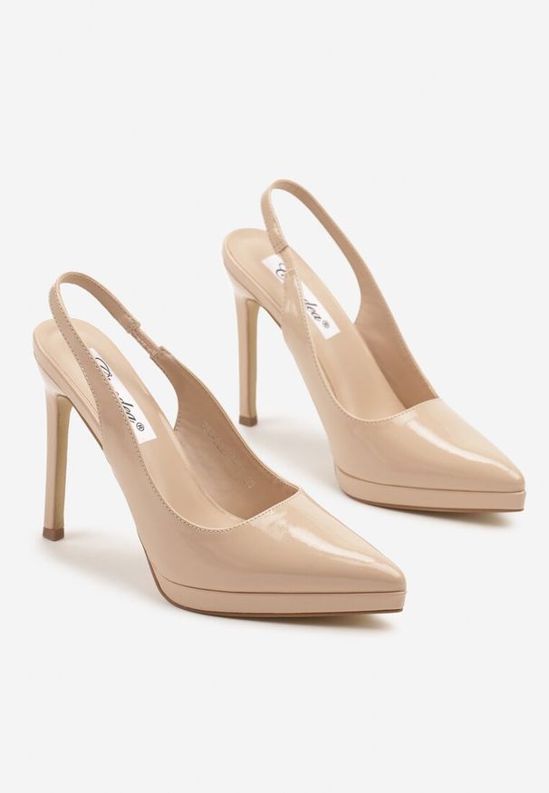 Renee - Beżowe Sandały na Szpilce Lakierowane Typu Slingback Novalise. Okazja: na co dzień. Kolor: beżowy. Materiał: lakier. Wzór: kwiaty. Obcas: na szpilce. Styl: elegancki, casual