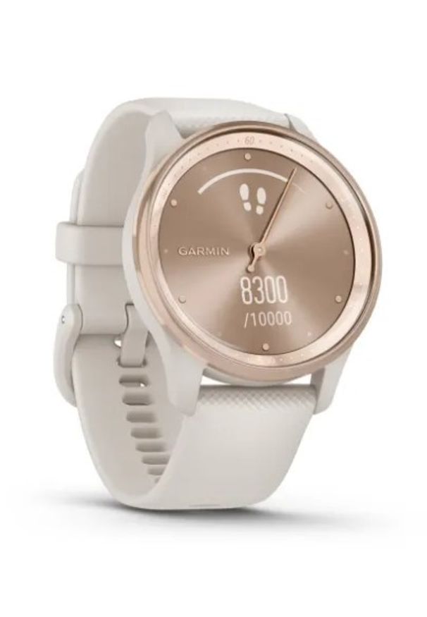 GARMIN - Garmin vivomove Trend (brzoskwiniowozłota ramka / kremowobiała koperta / kremowobiały pasek). Rodzaj zegarka: analogowe. Kolor: biały. Styl: młodzieżowy, klasyczny, retro