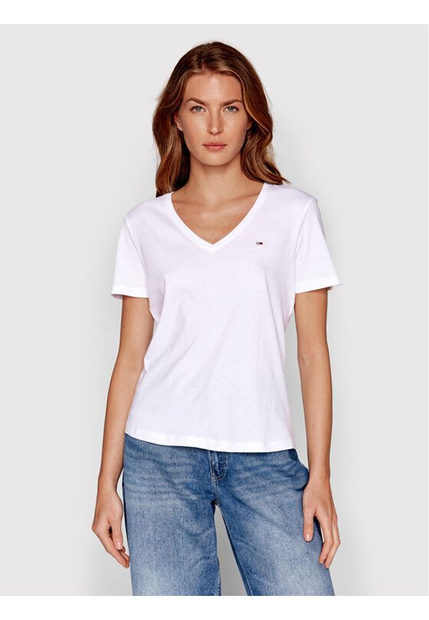 Tommy Jeans T-Shirt DW0DW14617 Biały Slim Fit. Kolor: biały. Materiał: bawełna