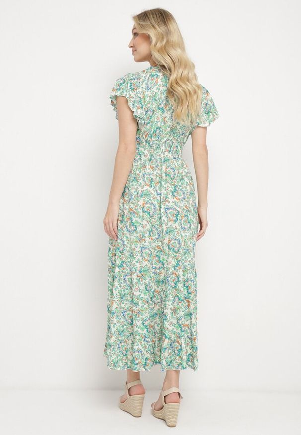 Born2be - Jasnozielona Sukienka z Bawełny w Ornamentalny Wzór z Gumką w Pasie i Falbankami Fioralas. Typ kołnierza: kołnierz z falbankami. Kolor: zielony. Materiał: bawełna