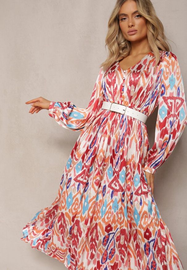 Renee - Bordowa Rozkloszowana Sukienka z Elastyczną Gumką w Talii w Stylu Boho Mizza. Okazja: na imprezę. Typ kołnierza: dekolt w serek. Kolor: czerwony. Styl: boho