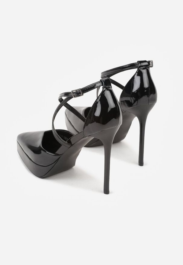 Born2be - Czarne Szpilki z Paseczkami i Ozdobną Platformą Misterisa. Okazja: na co dzień. Kolor: czarny. Materiał: jeans, skóra. Obcas: na platformie. Styl: elegancki, casual