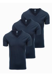 Ombre Clothing - Zestaw męskich koszulek bawełnianych V-neck BASIC – 3x granatowy V10 - Rozmiar: L. Typ kołnierza: dekolt w serek. Kolor: zielony. Materiał: bawełna