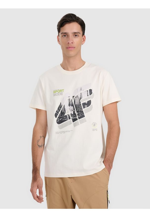 4f - 4F T-shirt regular z nadrukiem męski - biały M. Kolor: biały. Materiał: skóra, materiał. Wzór: nadruk