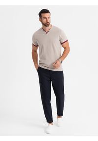 Ombre Clothing - T-shirt męski z kontrastowymi wstawkami i dekoltem w serek – beżowy V2 OM-TSCT-0198 - XXL. Okazja: na co dzień. Typ kołnierza: dekolt w serek. Kolor: beżowy. Materiał: dzianina, materiał, bawełna. Długość: krótkie. Styl: sportowy, casual