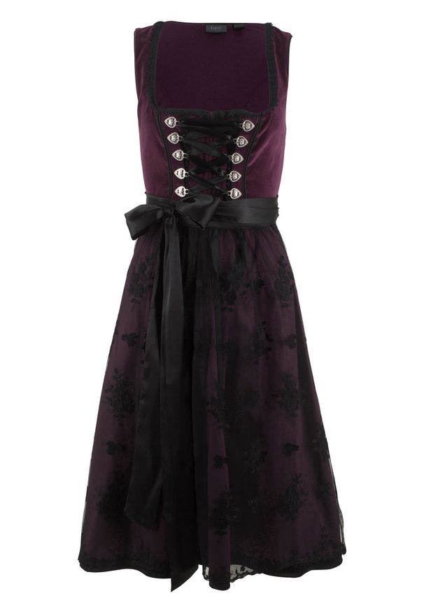 Sukienka ludowa z materiału w optyce aksamitu bonprix czarny bez. Kolor: fioletowy. Materiał: materiał. Styl: elegancki