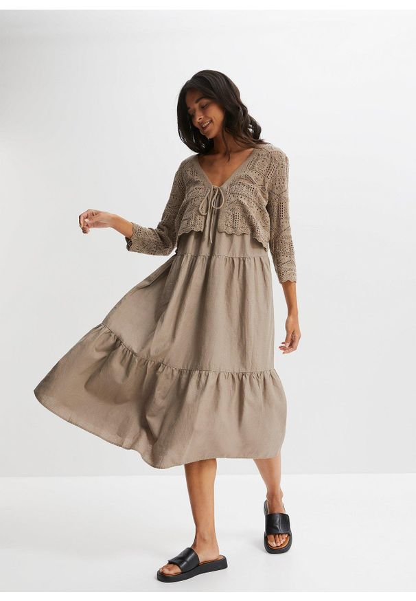 bonprix - Bolerko ażurowe. Kolor: brązowy. Długość rękawa: krótki rękaw. Długość: krótkie. Wzór: ażurowy