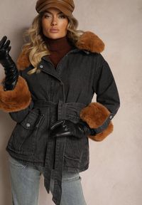 Renee - Czarna Jeansowa Kurtka z Odpinanym Futerkiem i Kapturem z Dodatkowym Paskiem Tarwena. Okazja: na co dzień. Kolor: czarny. Materiał: jeans, futro. Styl: sportowy, klasyczny, elegancki, casual #3