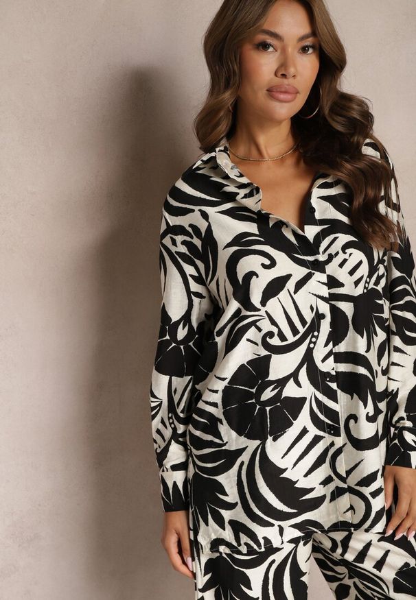 Renee - Czarno-Biały 2-Częściowy Komplet z Wiskozy Koszula z Długim Rękawem i Szerokie Spodnie Yiseria. Kolor: czarny. Materiał: wiskoza