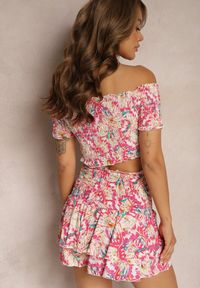 Renee - Fuksjowy Bawełniany Komplet Bluzka Hiszpanka Szorty High Waist z Falbankami Testamara. Kolor: różowy. Materiał: bawełna #5