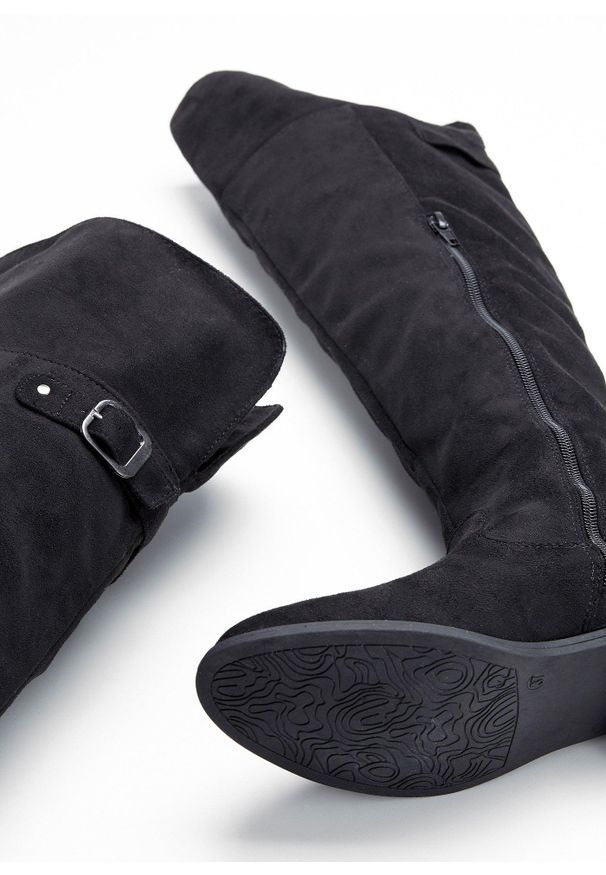 bonprix - Kozaki za kolano. Wysokość cholewki: za kolano. Zapięcie: zamek. Kolor: czarny. Materiał: skóra, welur. Styl: elegancki