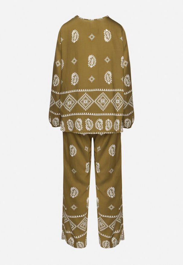 Born2be - Ciemnozielony Komplet w Stylu Rustykalnym Luźna Bluzka i Spodnie z Wiskozą Emilaris. Kolor: zielony. Materiał: wiskoza. Wzór: aplikacja