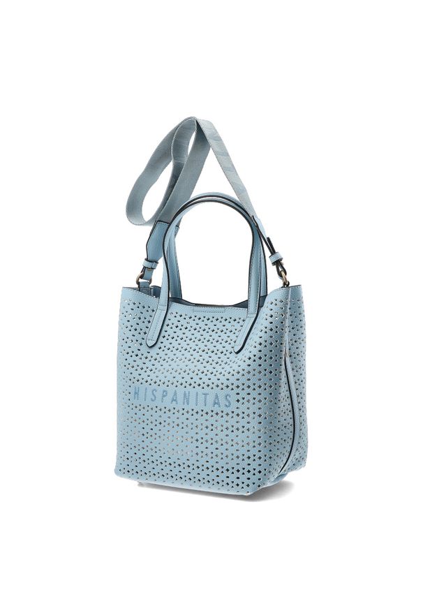 Niebieska Stylowa Damska Torebka Hispanitas. Kolor: niebieski. Wzór: geometria. Materiał: z tłoczeniem. Styl: elegancki. Rodzaj torebki: na ramię
