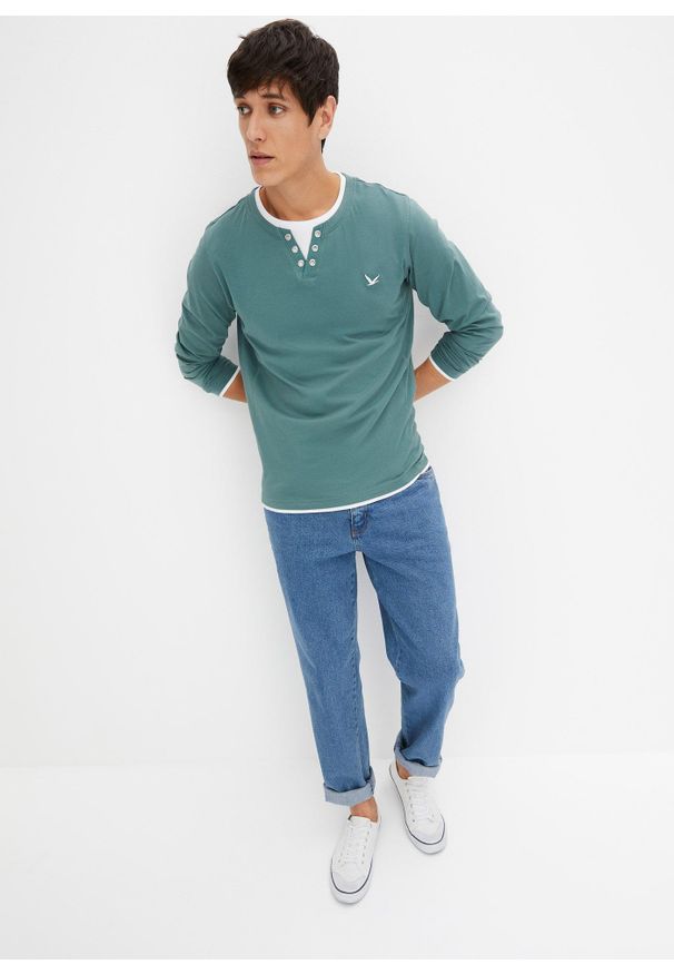 bonprix - Bluzka z długim rękawem 2 w 1 (2 szt.). Kolor: niebieski. Długość rękawa: długi rękaw. Długość: długie. Wzór: haft